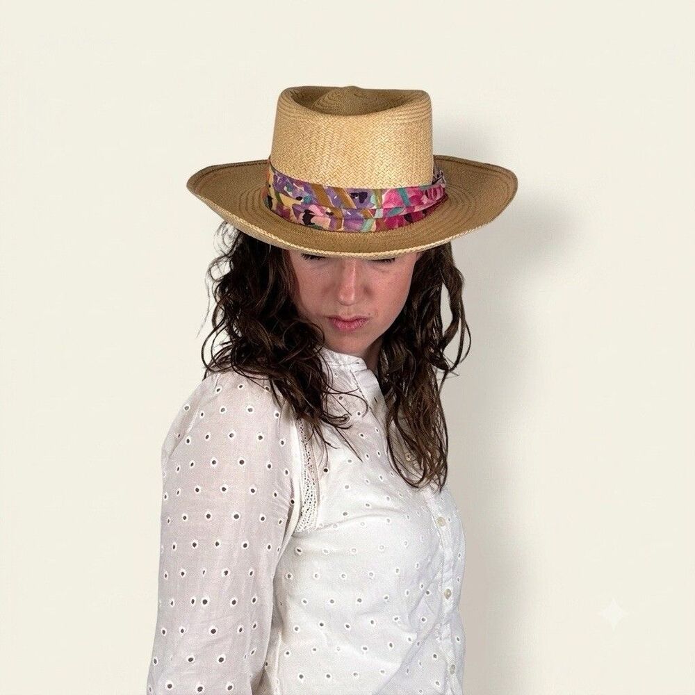 Vintage Straw Fedora Panama Hat Floral Scarf Band Wide Brim Summer Beach